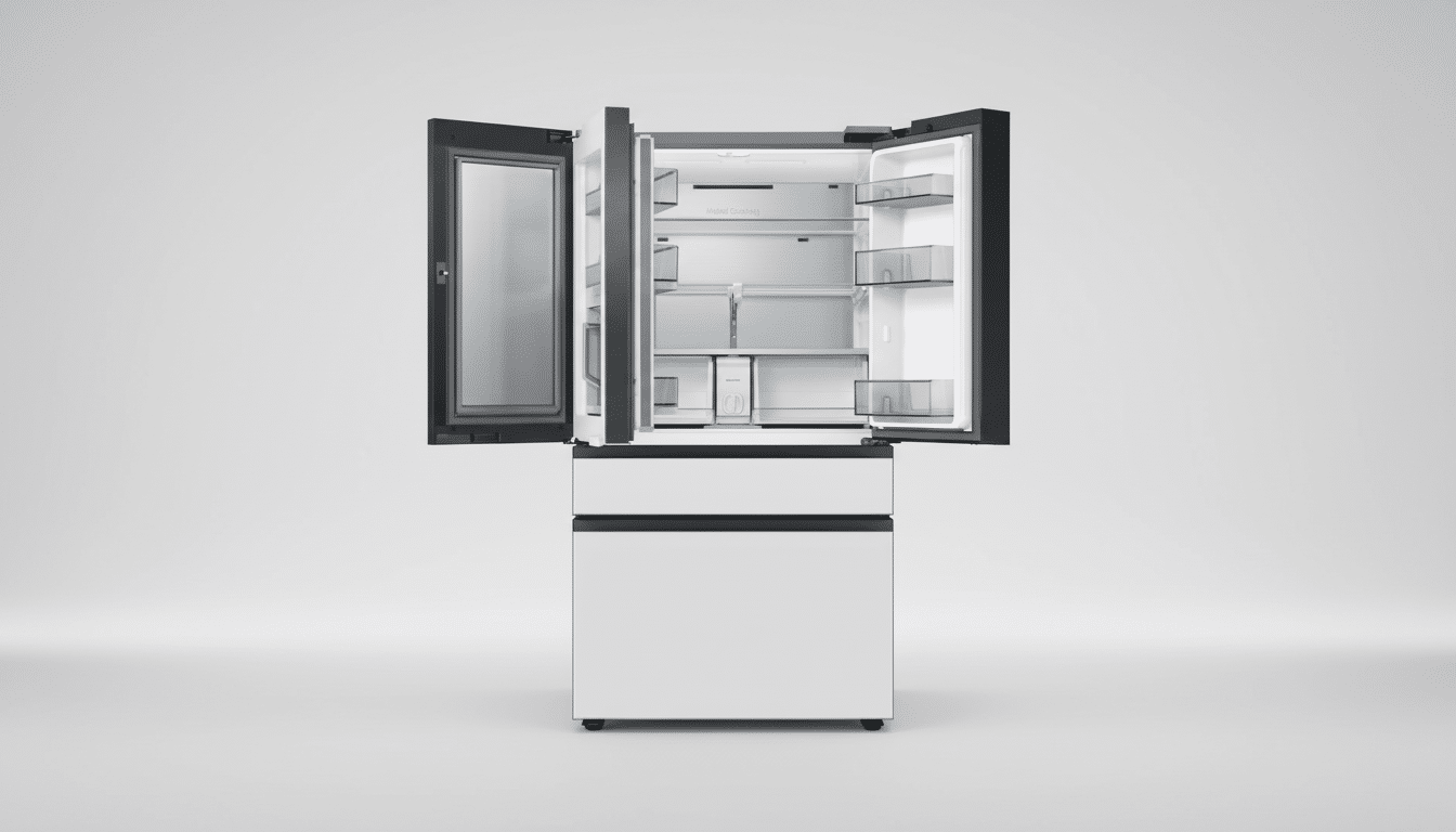 A white and black Samsung refrigerator with four doors, the top two open to reveal empty shelves and compartments, set against a professional light gray background.