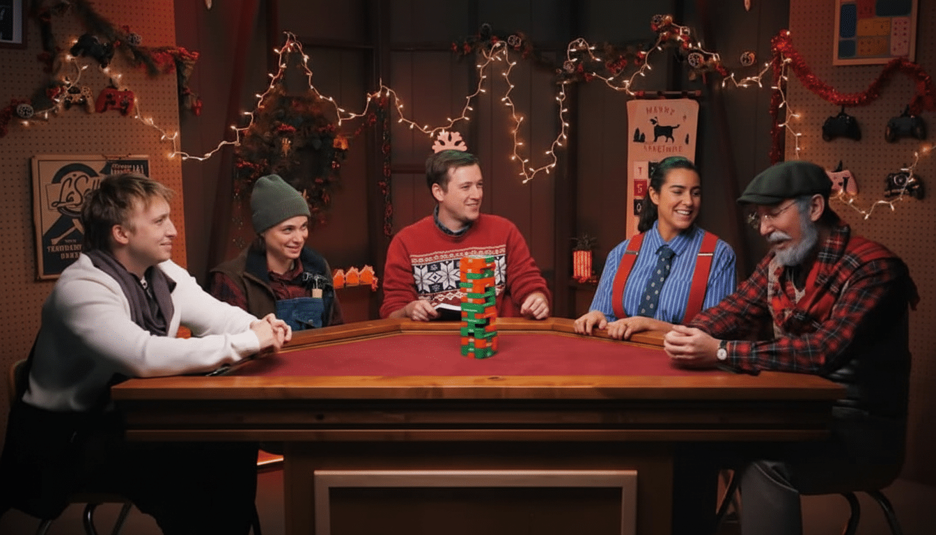 Five people are sitting around a table playing a game of Jenga, with Christmas decorations in the background.