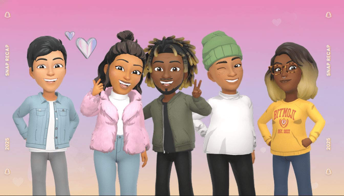 A group of five diverse Bitmoji characters smiling and posing against a pink and purple gradient background with SNAP RECAP and 2025 written vertically on the sides.