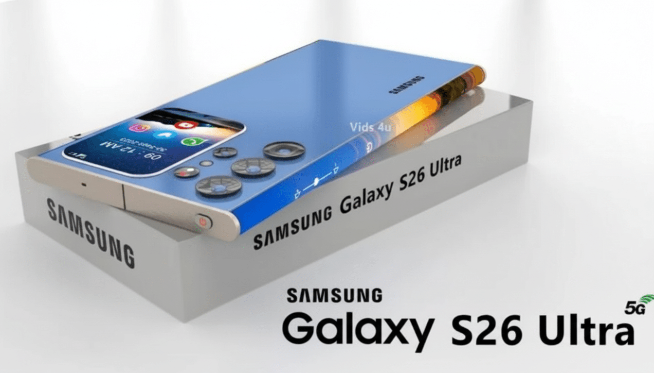 A Samsung Galaxy S26 Ultra phone is displayed on its packaging, showcasing its sleek design and screen interface.