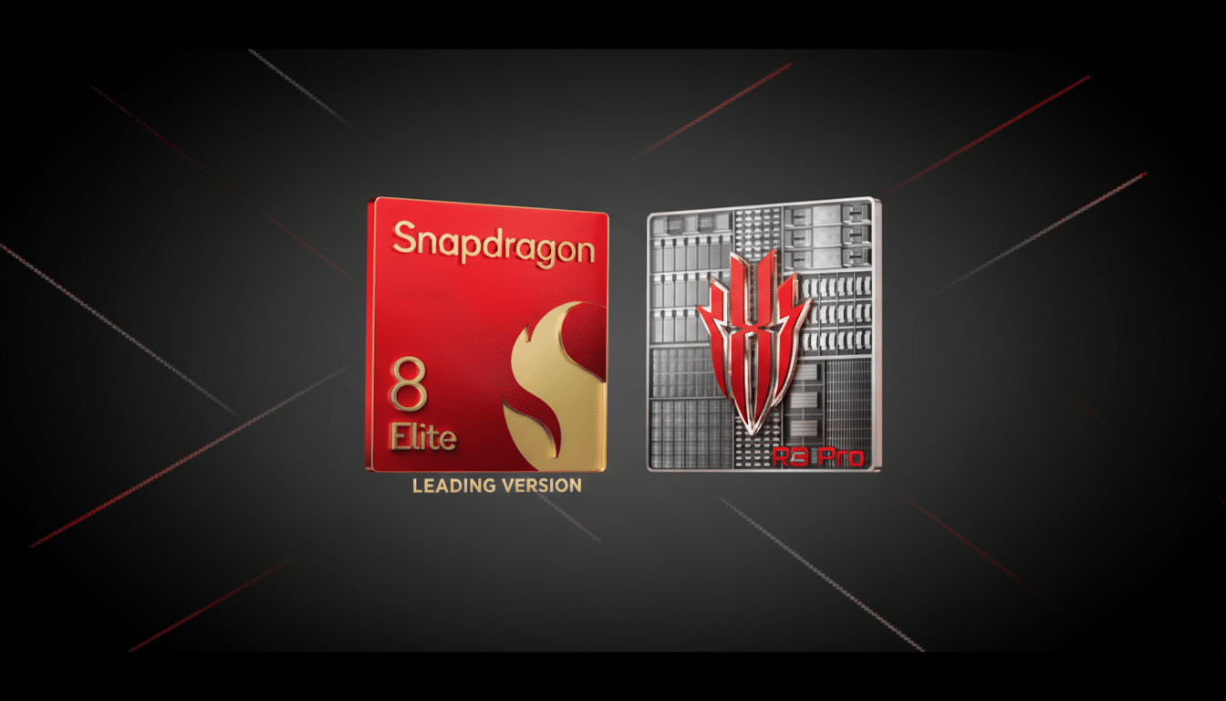 A 16:9 aspect ratio image featuring a red Snapdragon 8 Elite Leading Version chip on the left and a silver REDMAGIC 8 Pro chip on the right, set against a dark background with subtle red and white diagonal lines.