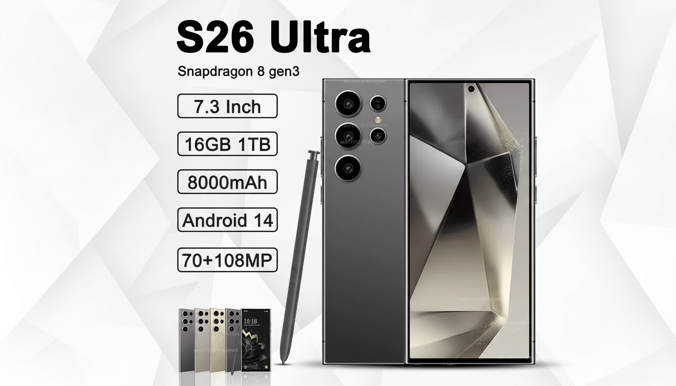 A professional image of the S26 Ultra smartphone with its specifications listed, presented on a clean, gradient background.