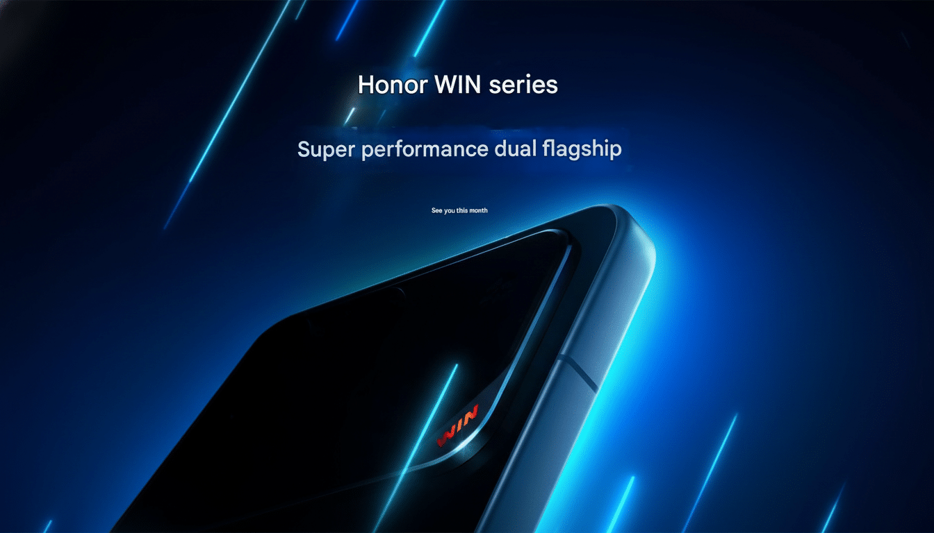 A 16:9 aspect ratio image of a dark smartphone with a glowing red WIN logo, set against a blue background with bright blue diagonal light streaks. The text Honor WIN series and Super performance dual flagship are visible at the top.