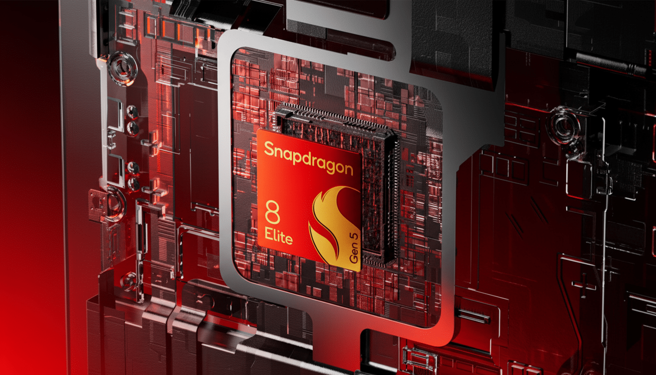 A close-up of a red and gold Snapdragon 8 Elite Gen 5 chip on a circuit board, resized to a 16:9 aspect ratio.