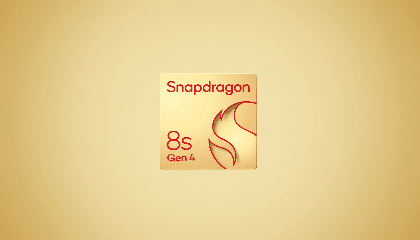 A 16:9 image featuring the Snapdragon 8s Gen 4 logo on a gold square, centered against a soft gold gradient background.