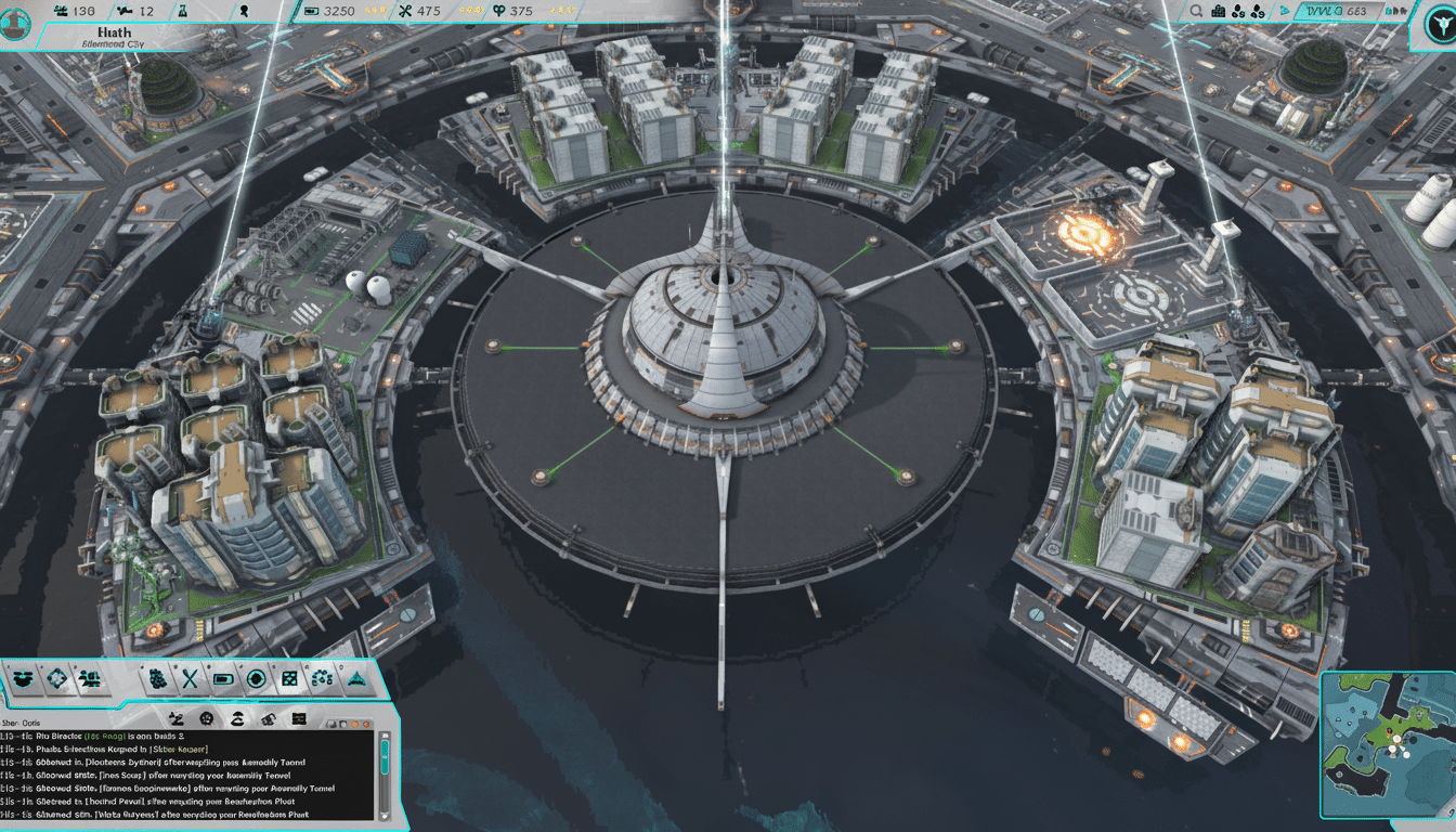 A screenshot of a futuristic city-building game, showing a circular central structure surrounded by various buildings and industrial complexes, all connected by pathways and glowing lines. The user interface elements are visible at the top and bottom of the screen.