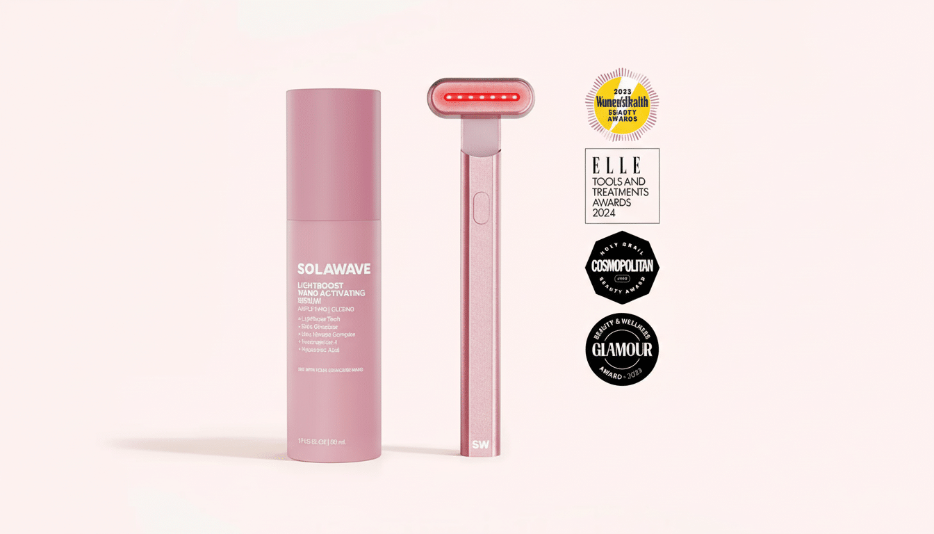 A pink Solawave Lightboost Wand Activating Serum bottle and a pink Solawave skincare wand with red lights, alongside four beauty award logos, all on a soft pink gradient background.