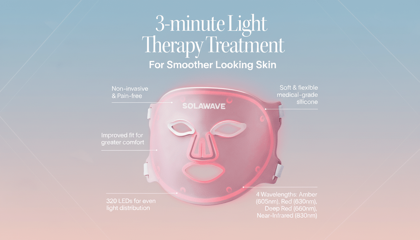 A Solawave light therapy mask with text describing its features and benefits, set against a professional flat design background with soft patterns and gradients.