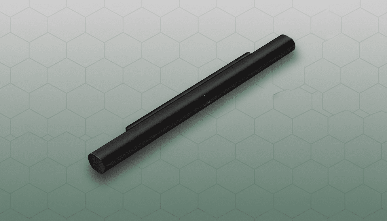 A black Sonos soundbar is angled on a professional flat design background with a soft green-grey gradient and subtle hexagonal patterns.
