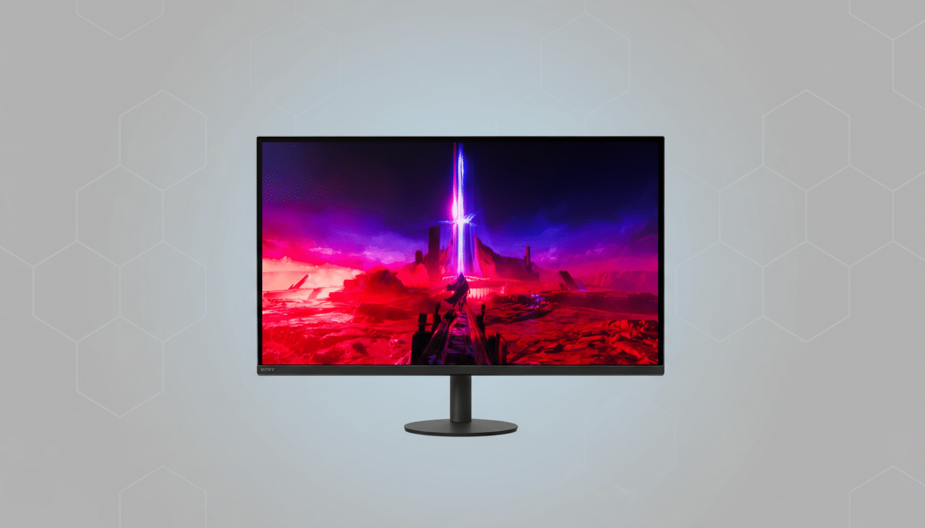 A Sony monitor displaying a vibrant, futuristic landscape with red terrain and a glowing blue and purple sky, set against a professional gray background with a subtle hexagonal pattern.