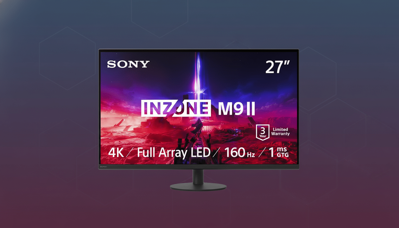 A Sony INZONE M9 II 27-inch gaming monitor displayed on a stand, set against a professional flat design background with soft patterns and gradients.