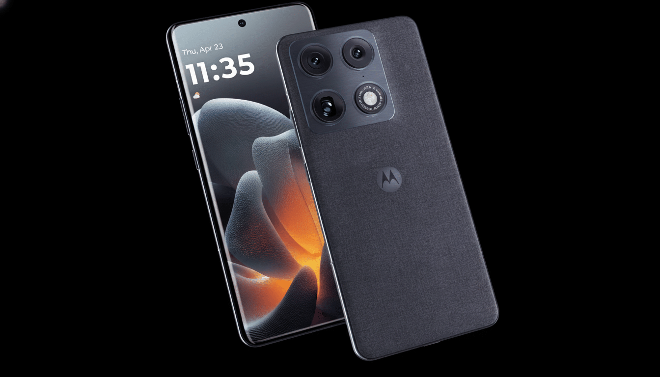 A Motorola smartphone with a textured dark gray back and a screen displaying the time 11:35 and the date Thu, Apr 23, set against a black background.