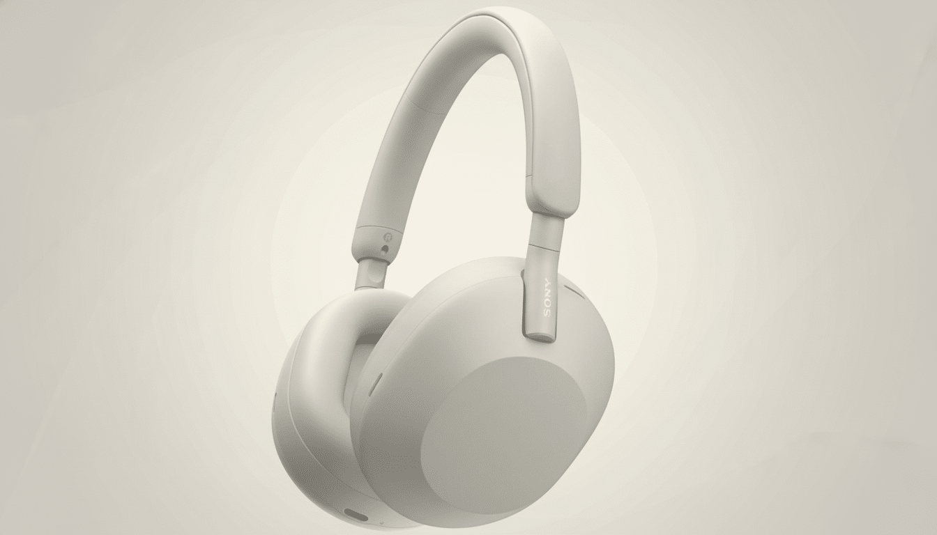 A pair of light beige Sony over-ear headphones with a soft, gradient background.