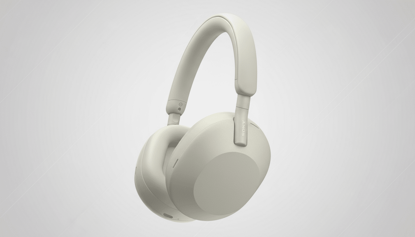 A pair of light beige Sony WH-1000XM5 headphones presented on a clean, professional light gray background with subtle horizontal line patterns, resized to a 16:9 aspect ratio.