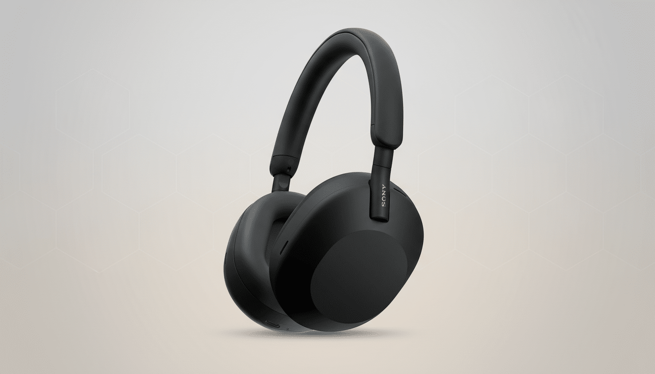 A pair of black Sony WH-1000XM5 headphones on a light gray background with a subtle hexagonal pattern.