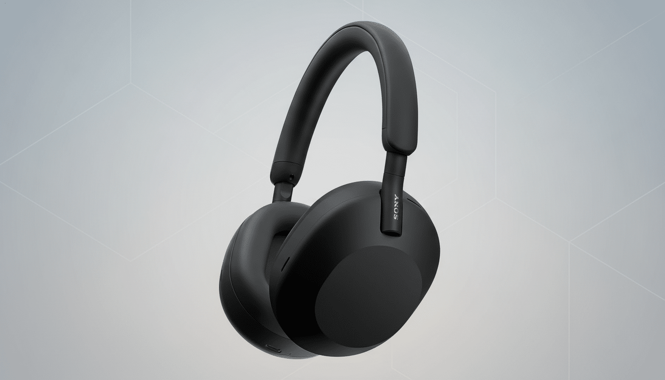 A pair of black Sony WH-1000XM5 headphones on a professional light gray background with subtle geometric patterns.