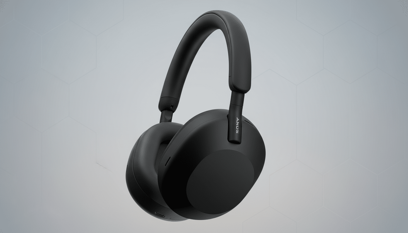 A pair of black Sony WH-1000XM5 noise-canceling headphones on a professional flat design background with soft patterns.