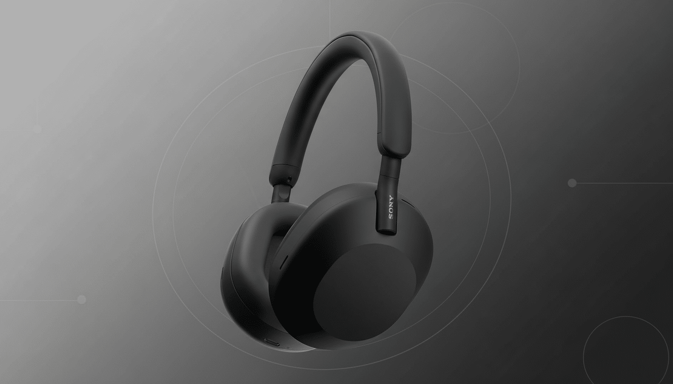 A pair of black Sony WH-1000XM5 headphones on a professional flat design background with soft patterns and gradients.