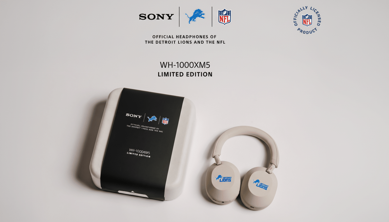 A pair of Sony WH-1000XM5 Limited Edition headphones, officially licensed by the Detroit Lions and the NFL, displayed next to their carrying case.