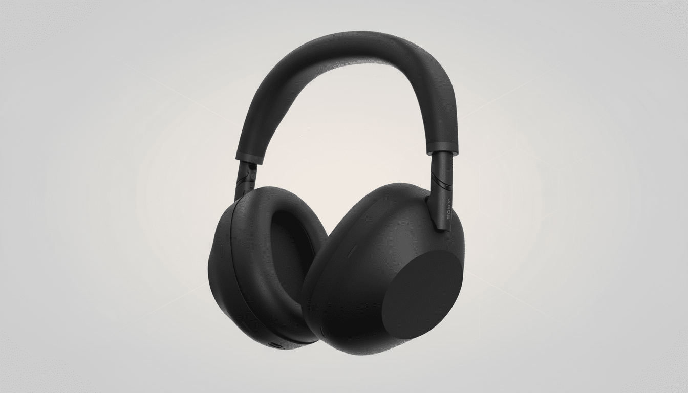 A pair of black Sony over-ear headphones with a subtle gradient background.