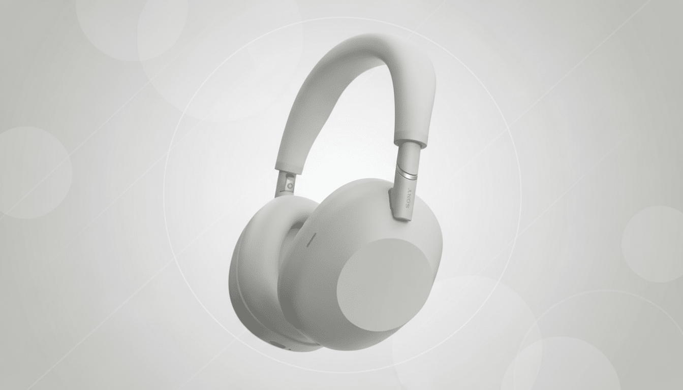 A pair of light grey Sony WH-1000XM5 headphones on a professional light grey background with subtle circular patterns.