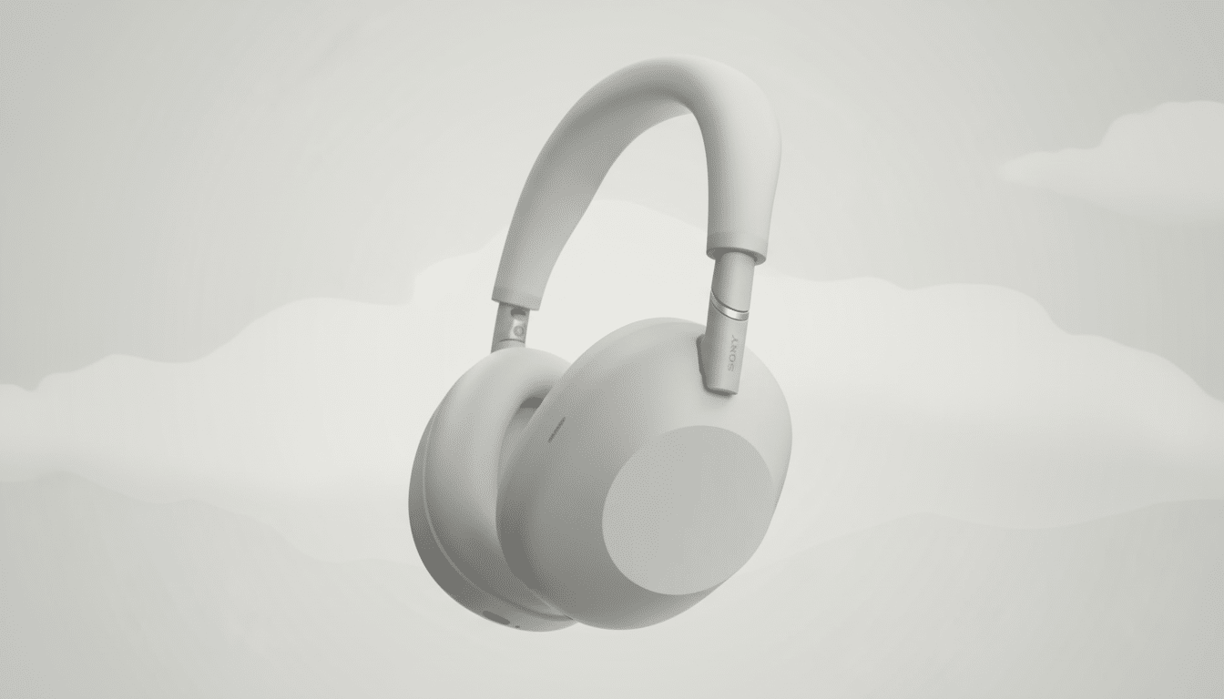 A pair of light gray Sony WH-1000XM5 headphones presented at a slight angle on a soft, light gray background with subtle cloud-like patterns.