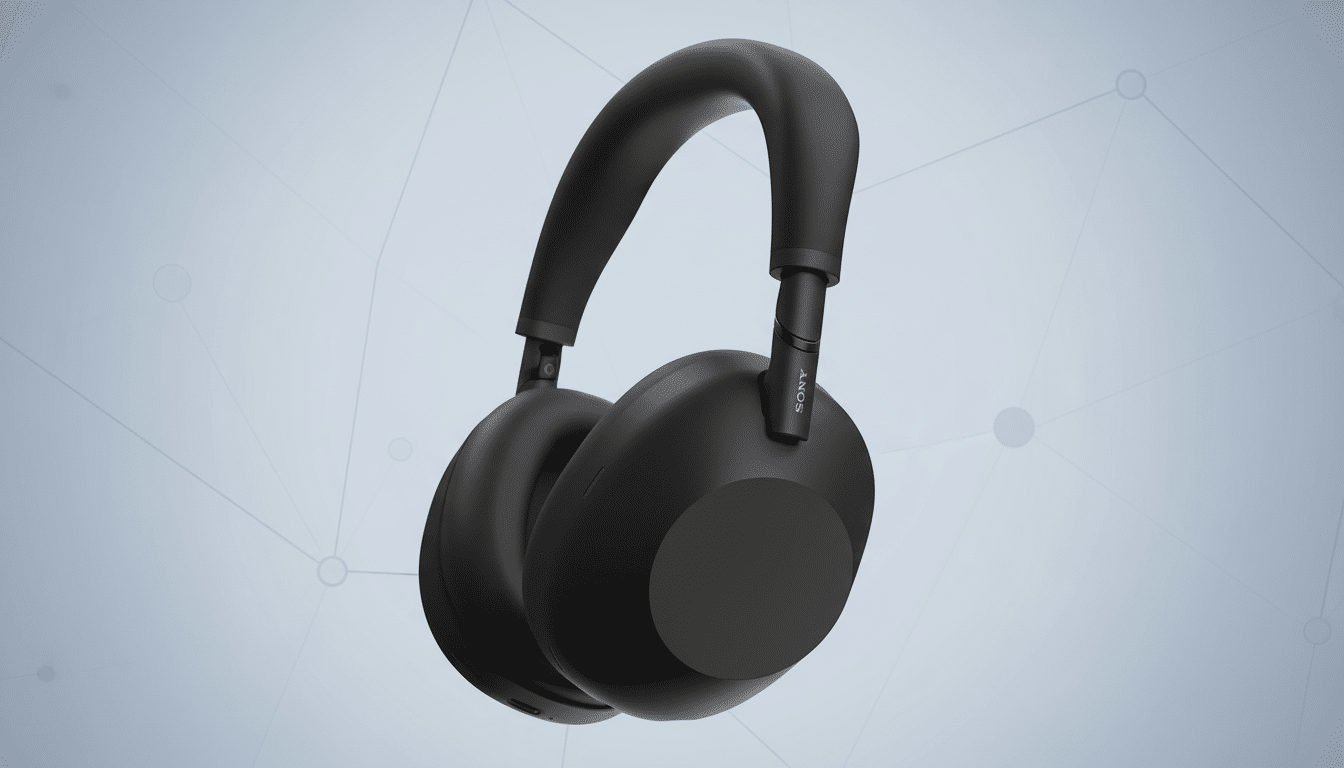 A pair of black Sony WH-1000XM5 headphones on a light gray background with subtle geometric patterns.