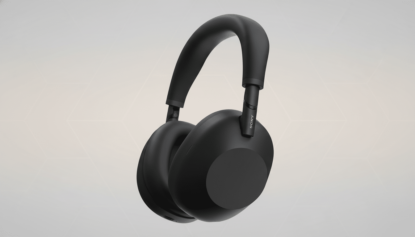 A pair of black Sony WH-1000XM5 headphones presented on a professional flat design background with soft patterns.