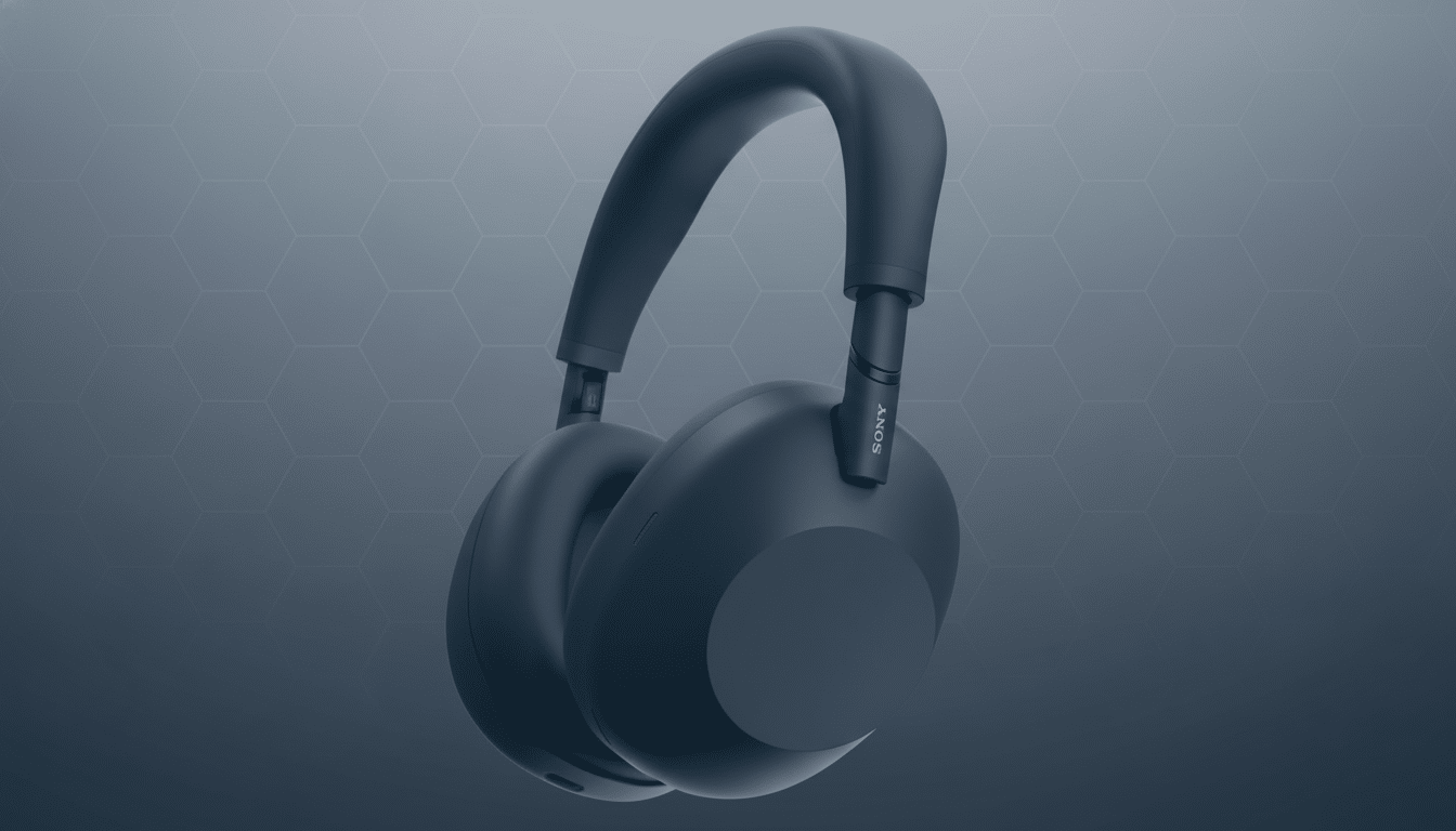 A pair of dark blue Sony headphones with gold lettering on the earcup, presented on a professional flat design background with subtle hexagonal patterns and a soft gradient.