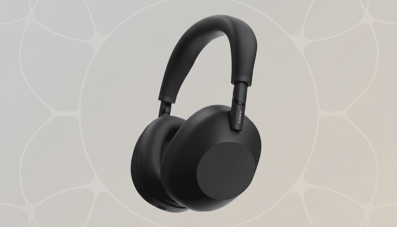 A pair of black Sony headphones with a subtle gold Sony logo on the right earcup, presented against a professional flat design background with soft patterns and gradients.