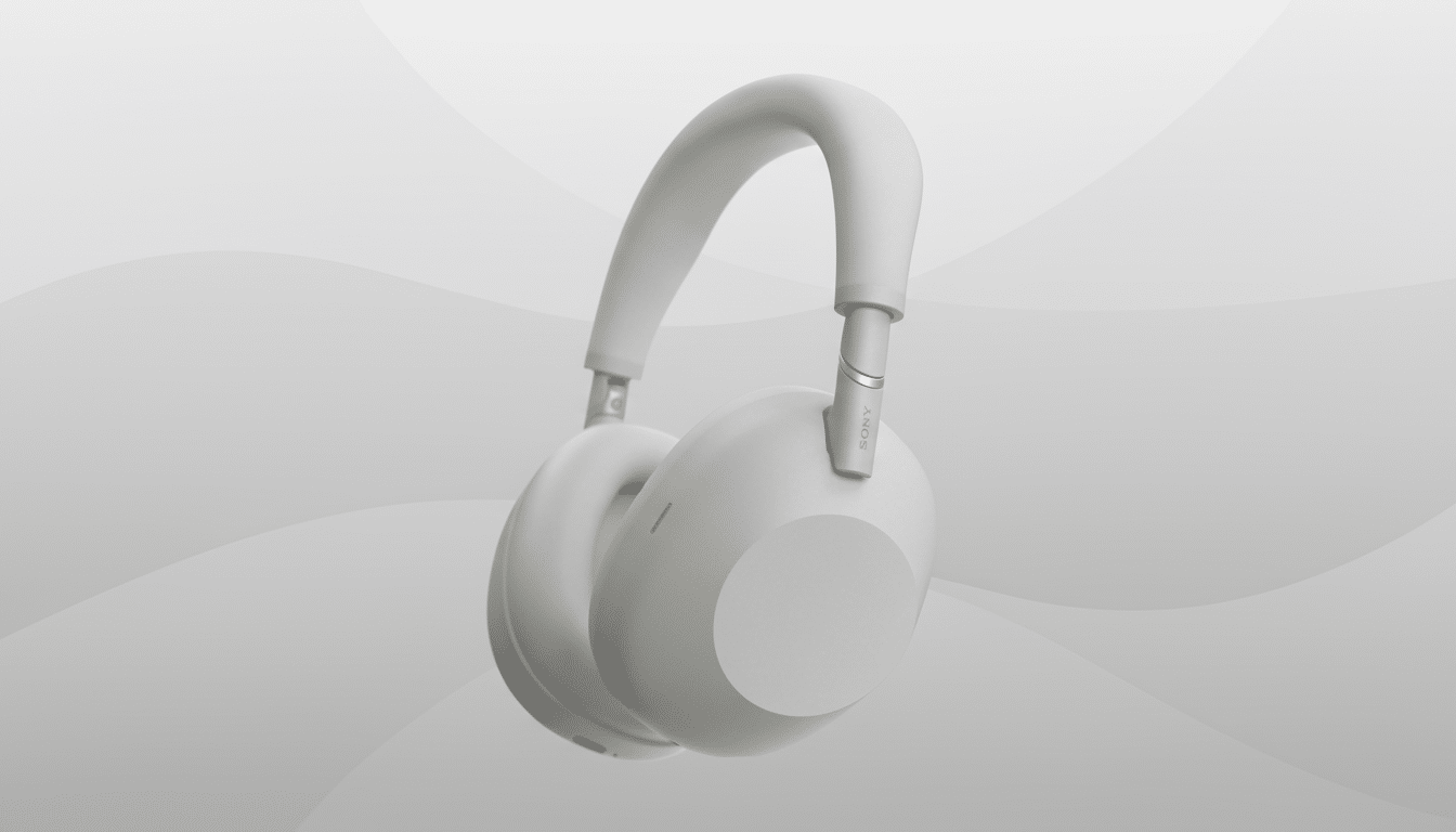 A pair of light gray Sony headphones presented on a professional flat design background with soft gray patterns, resized to a 16:9 aspect ratio.