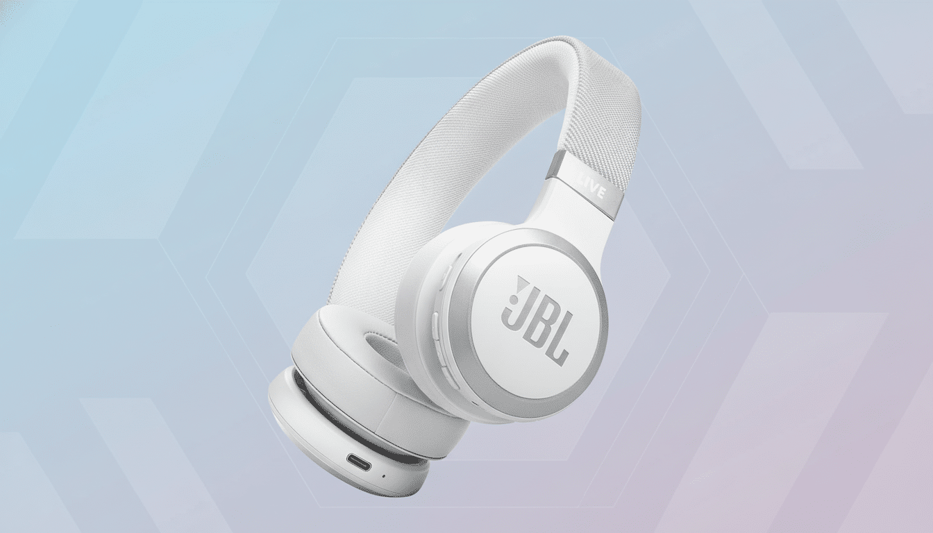 A pair of white JBL Live headphones with silver accents, presented on a professional flat design background with soft, geometric patterns and a gradient of light blue and purple.