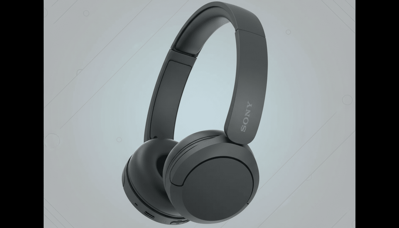 A pair of dark gray Sony over-ear headphones with a red accent on the left earcup, presented on a professional flat design background with subtle light gray patterns and gradients.