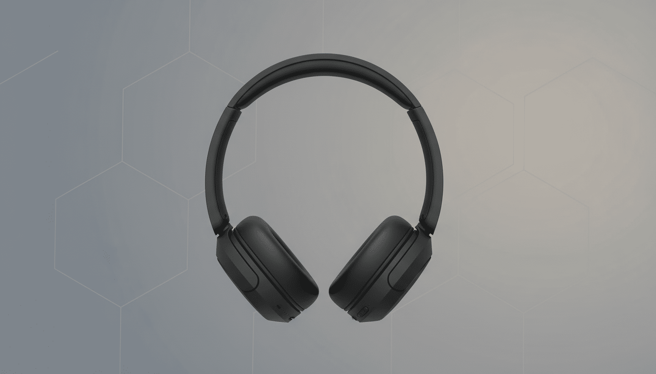 A pair of black Sony headphones centered on a professional flat design background with soft gray hexagonal patterns and a subtle gradient.