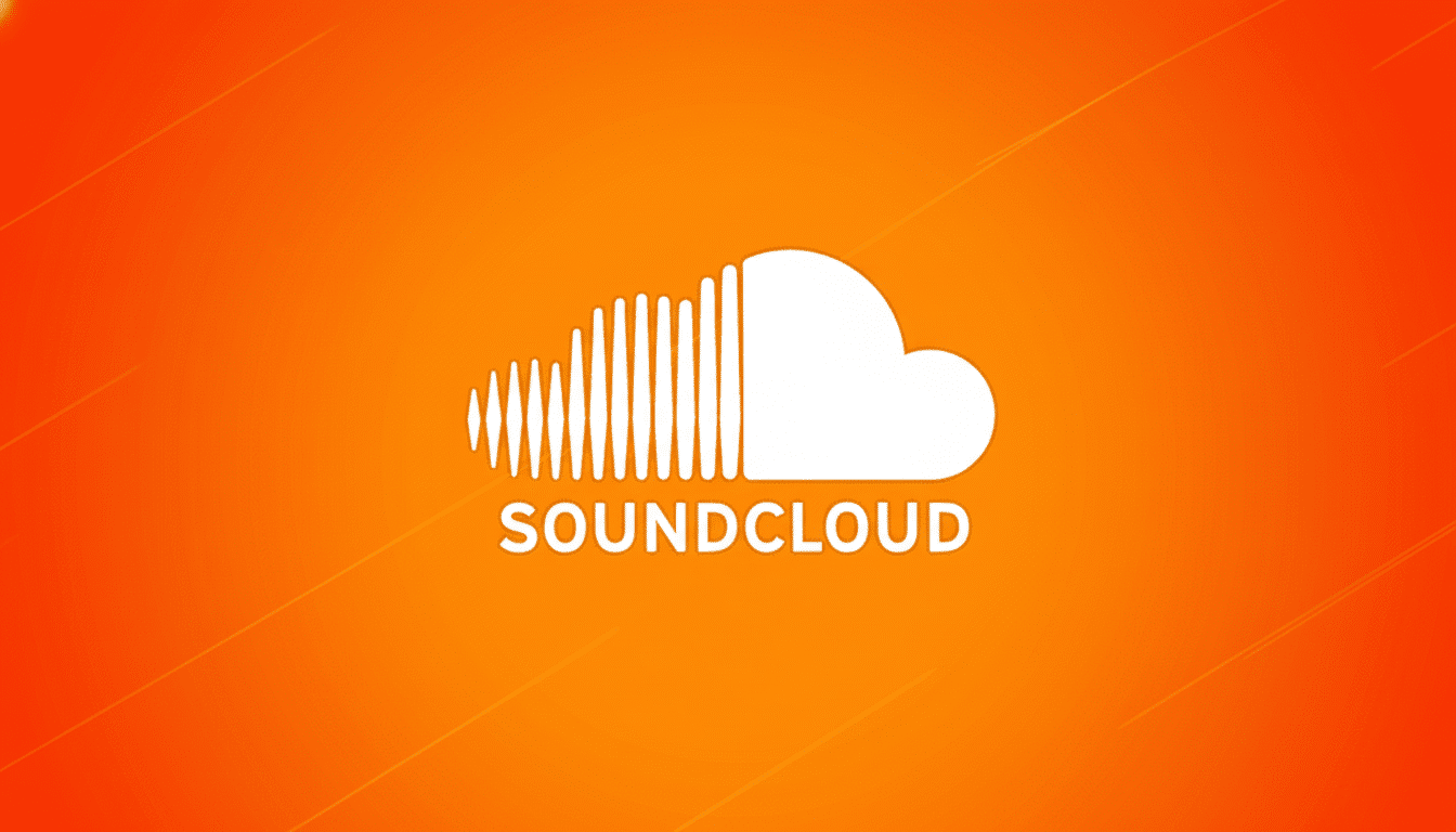 The SoundCloud logo, a white cloud icon with sound waves on the left, and the word SOUNDCLOUD in white text below, set against an orange background with subtle diagonal lines.