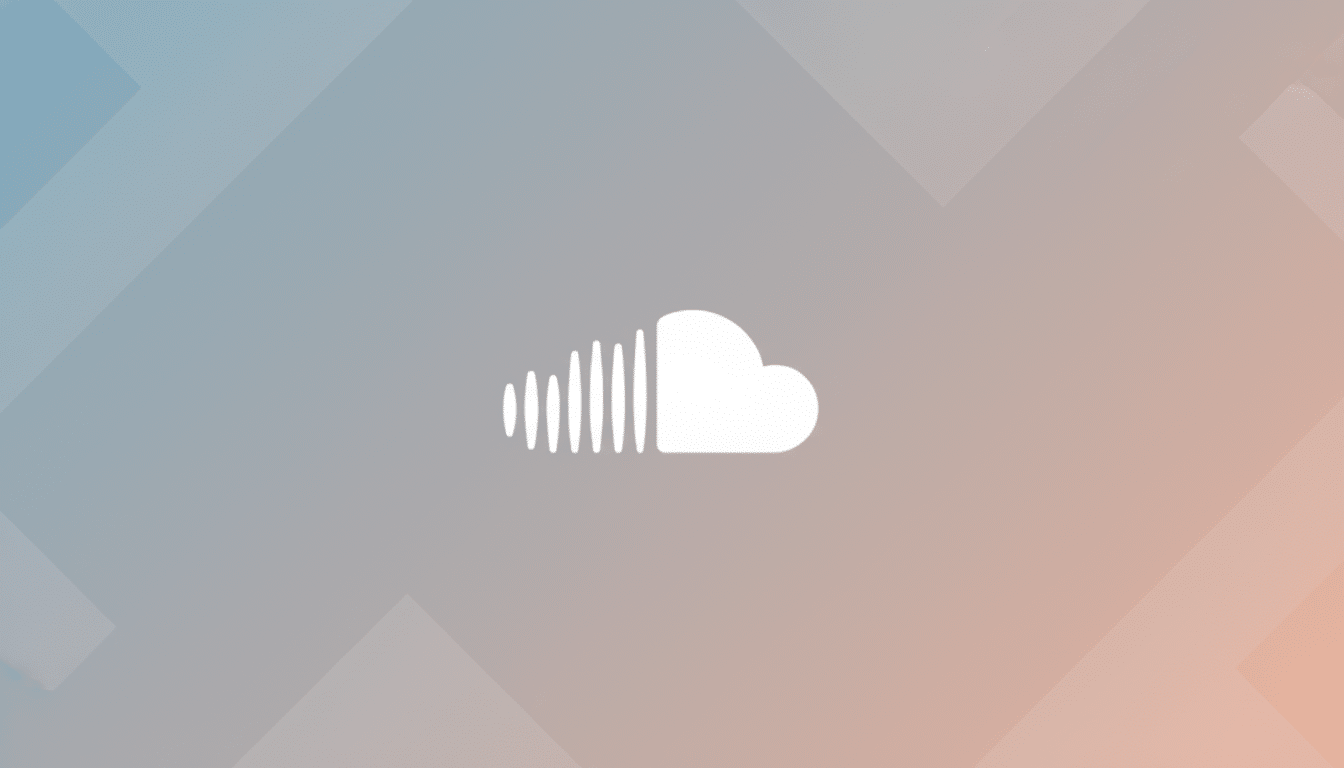 The SoundCloud logo, a white cloud with sound waves, centered on a professional flat design background with soft blue, gray, and orange gradients and subtle geometric patterns.