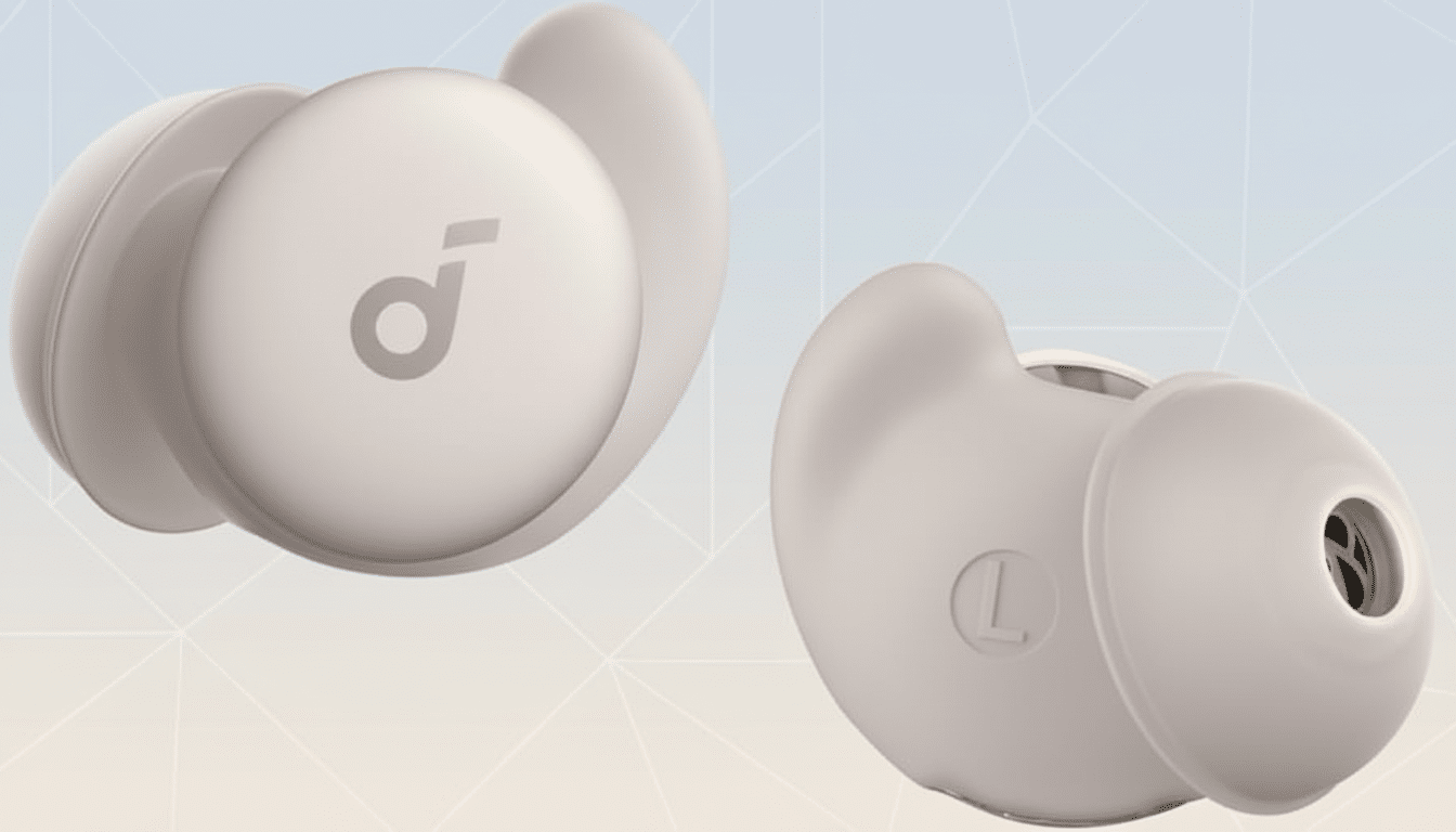 A pair of white Soundcore Sleep A10 earbuds, with the left earbud showing the Soundcore logo and the right earbud showing the L for left, set against a professional flat design background with soft geometric patterns.