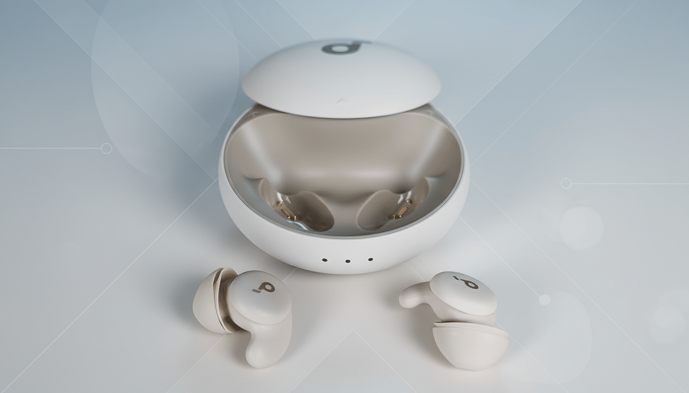 A pair of white wireless earbuds and their open charging case are displayed on a professional flat design background with soft patterns and gradients.