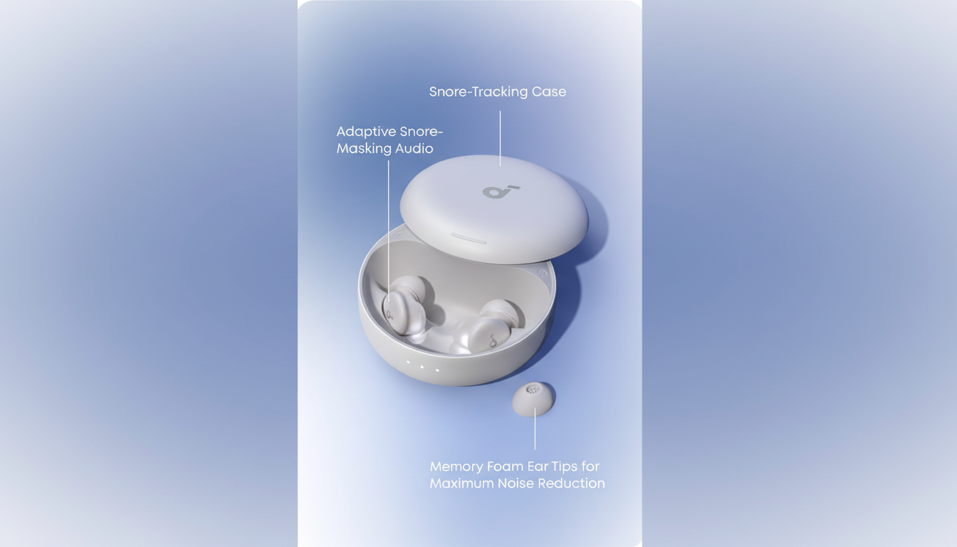 A 16:9 aspect ratio image of white earbuds in an open charging case, with text labels pointing to Snore-Tracking Case, Adaptive Snore-Masking Audio, and Memory Foam Ear Tips for Maximum Noise Reduction. The background is a professional flat design with soft blue gradients.