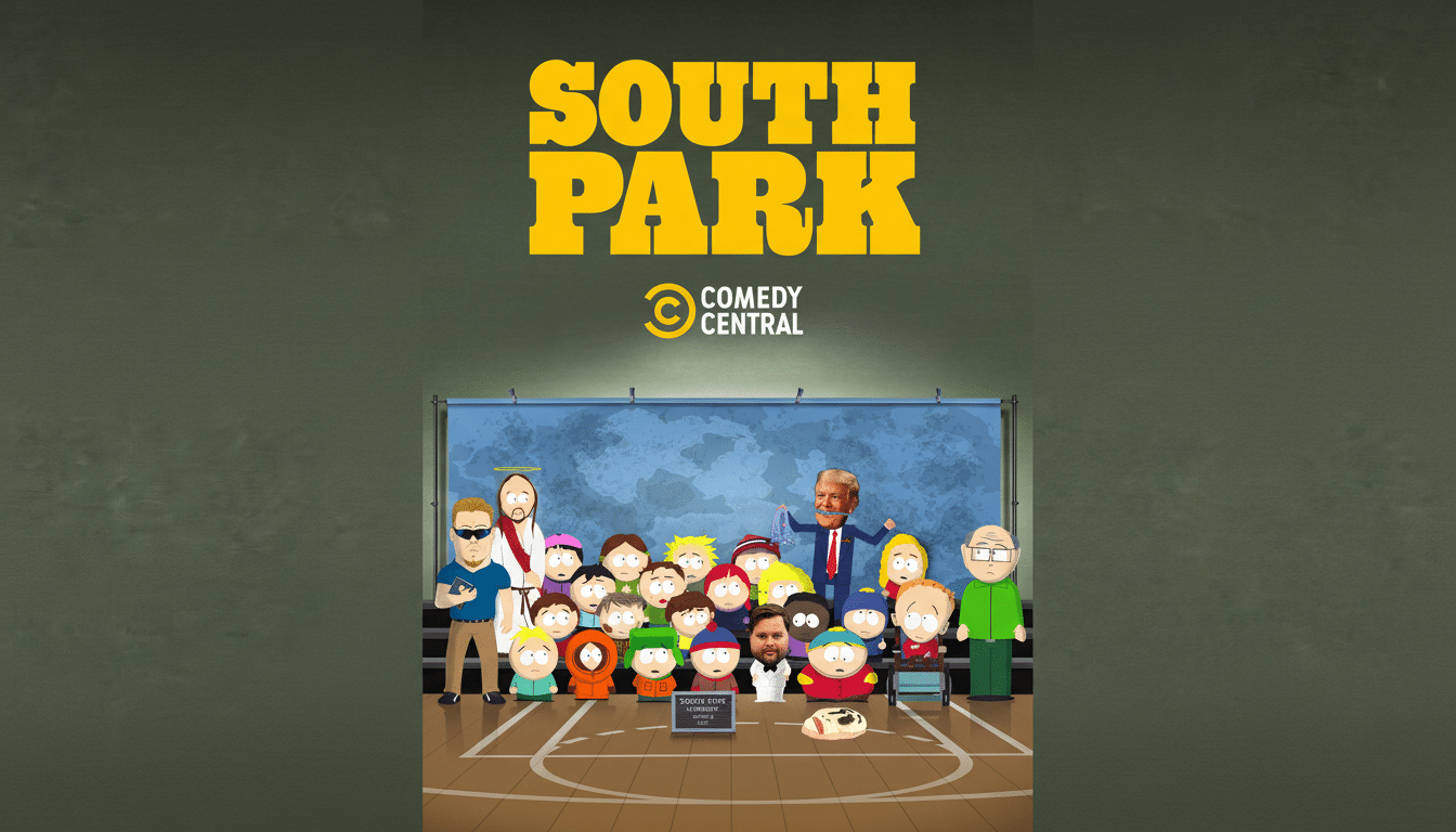 A South Park promotional image featuring various characters, including Jesus, Donald Trump, and the main cast, standing on a basketball court in front of a blue backdrop, with the SOUTH PARK logo and COMEDY CENTRAL branding above.