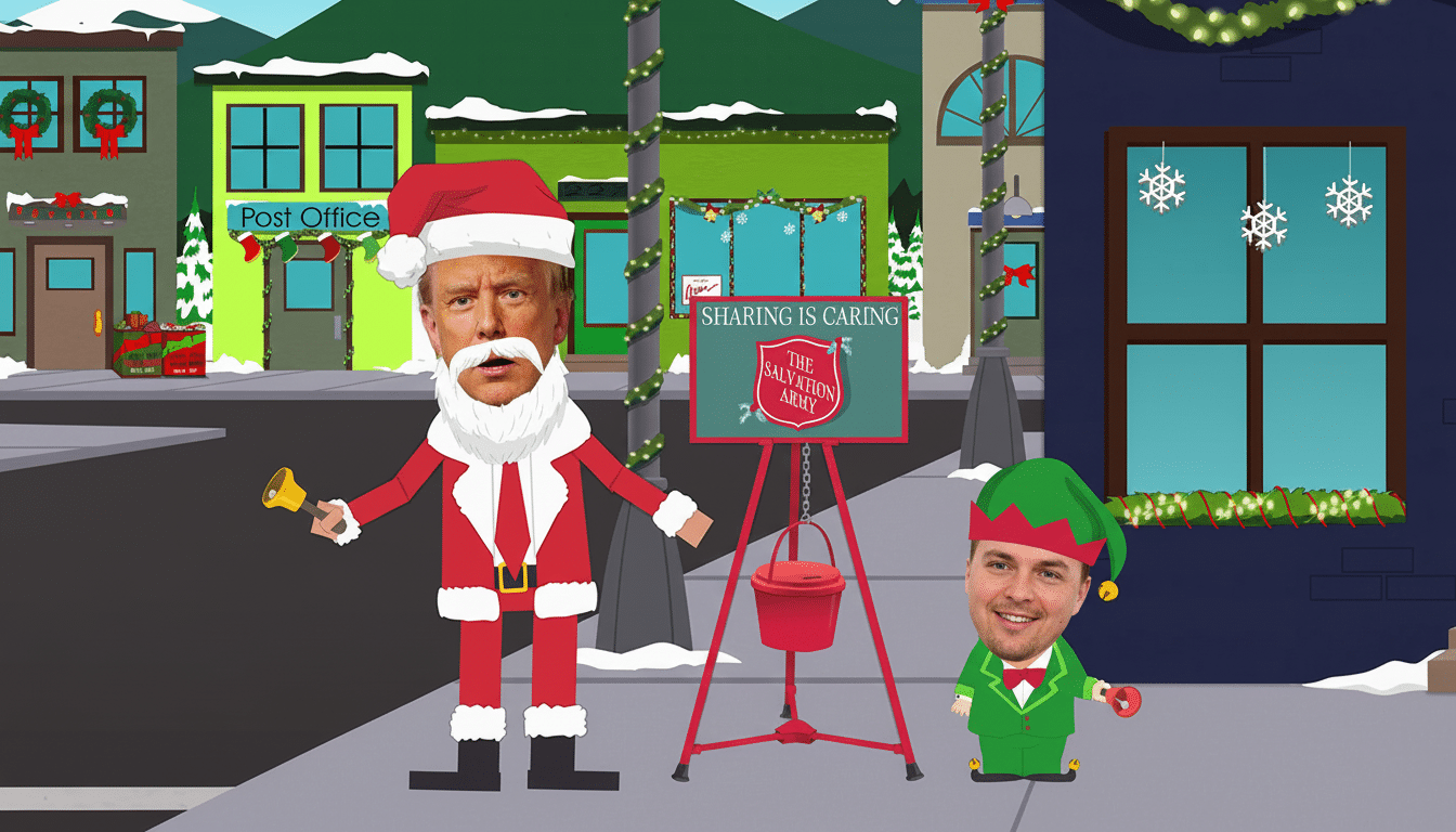 A South Park-style image featuring a character dressed as Santa Claus with Donald Trumps face, holding a bell, standing next to a Salvation Army donation stand. Another character, an elf with a mans face, stands nearby. The background shows a snowy street with festive decorations.