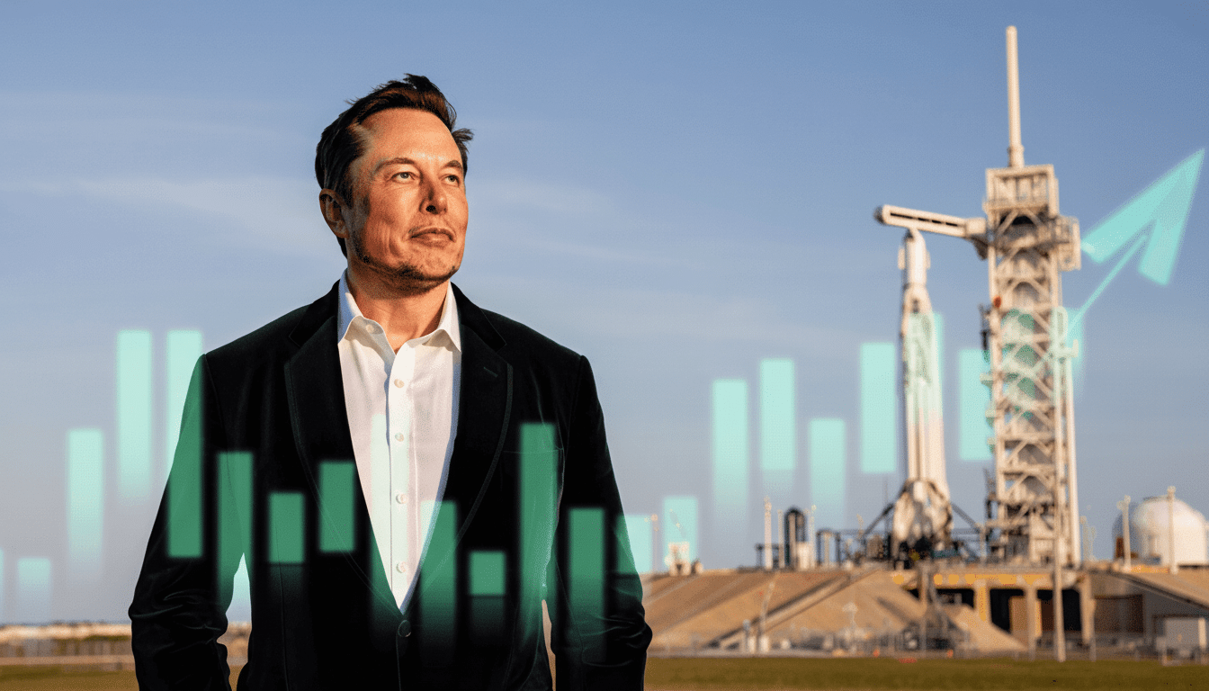 SpaceX $1.5 trillion IPO concept with rocket and stock market chart