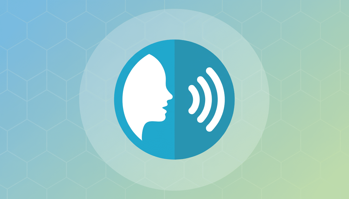 A 16:9 aspect ratio image featuring a blue circular icon with a white silhouette of a persons head speaking, indicated by three white sound waves emanating from the mouth. The background is a professional flat design with soft blue and green gradients and a subtle hexagonal pattern.