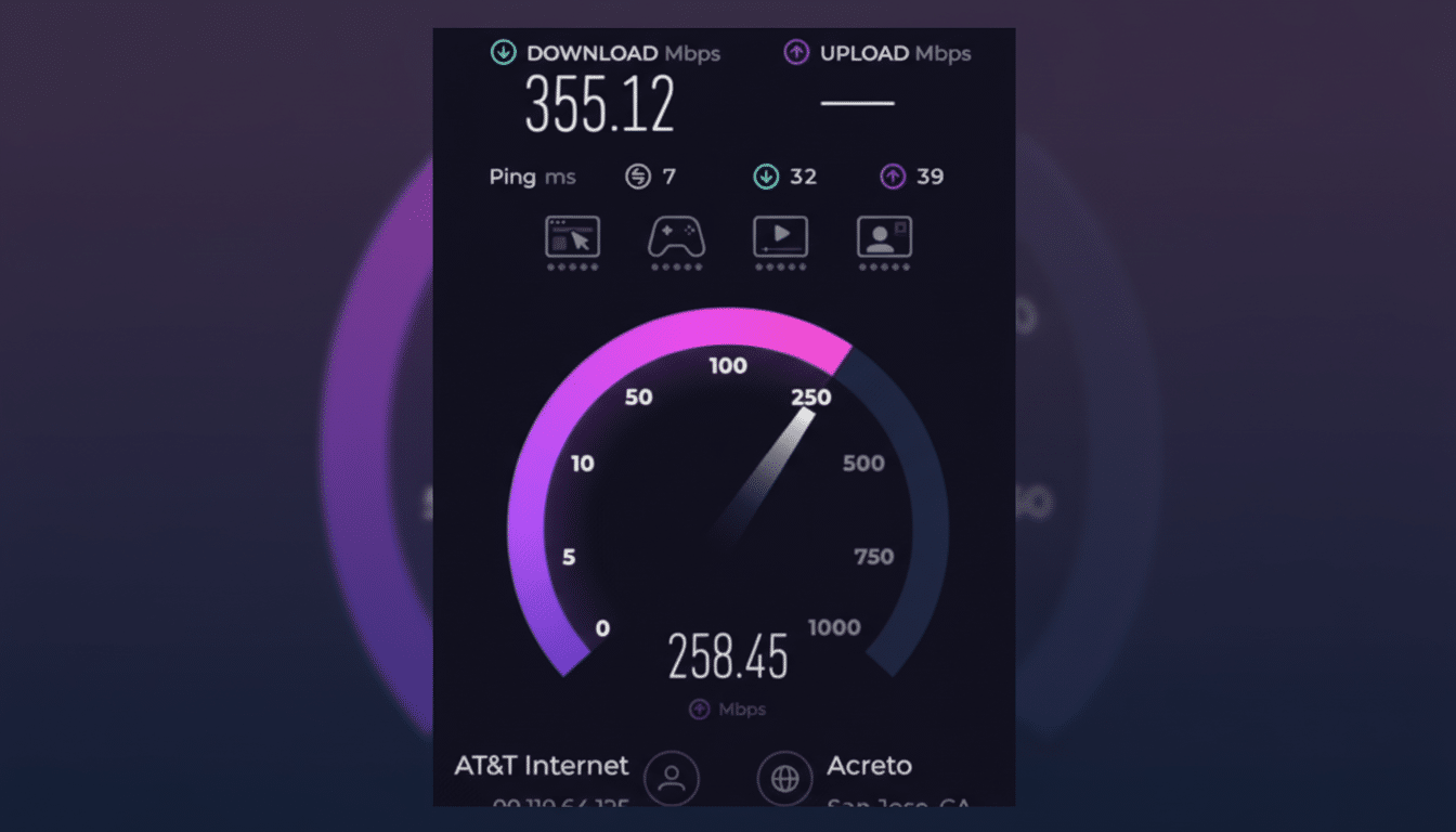 A screenshot of an internet speed test showing download speeds of 355.12 Mbps and upload speeds of 258.45 Mbps, with a ping of 7 ms. The background has been professionally enhanced with a soft gradient.
