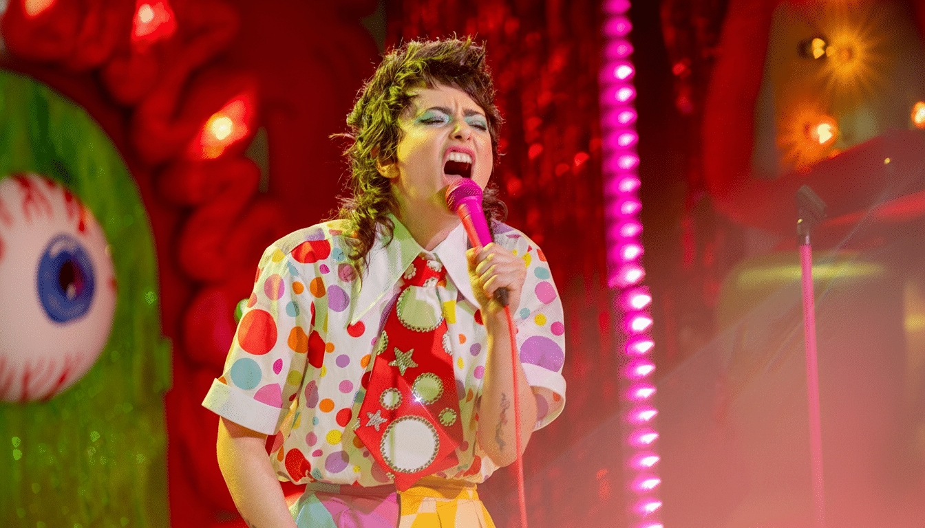 A person with a colorful polka-dot shirt and a red tie with white circles, singing into a pink microphone on a stage with red and pink lighting.