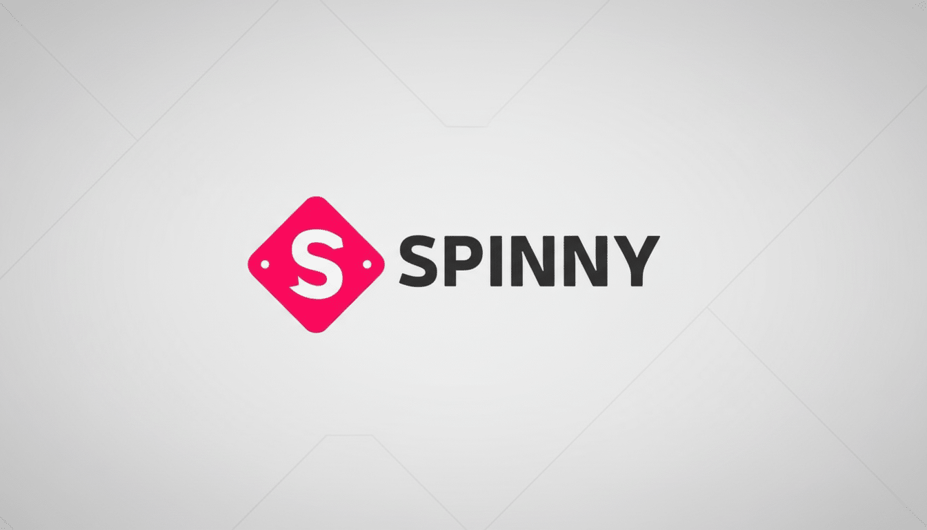 The Spinny logo, featuring a white S inside a pink diamond shape, next to the word SPINNY in dark gray, all set against a light gray background with subtle geometric patterns.