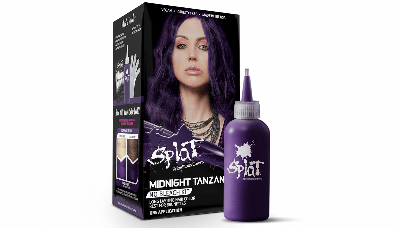 A 16:9 aspect ratio image of Splat Rebellious Colors Midnight Tanzanite No Bleach Kit, featuring a box with a woman with purple hair and a purple dye bottle.