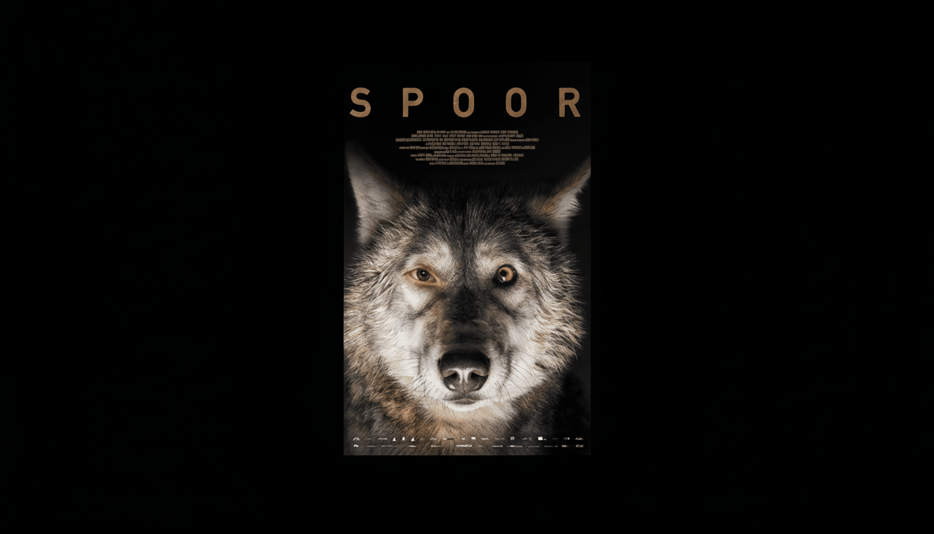 A movie poster for Spoor featuring a close-up of a wolfs face with one red eye and one yellow eye, set against a black background.