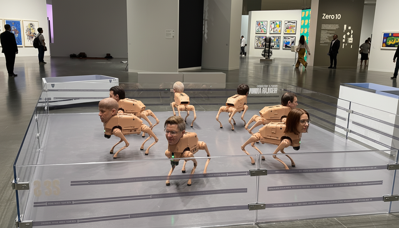 An art installation featuring several robotic dog-like figures with human heads, displayed in a gallery setting.