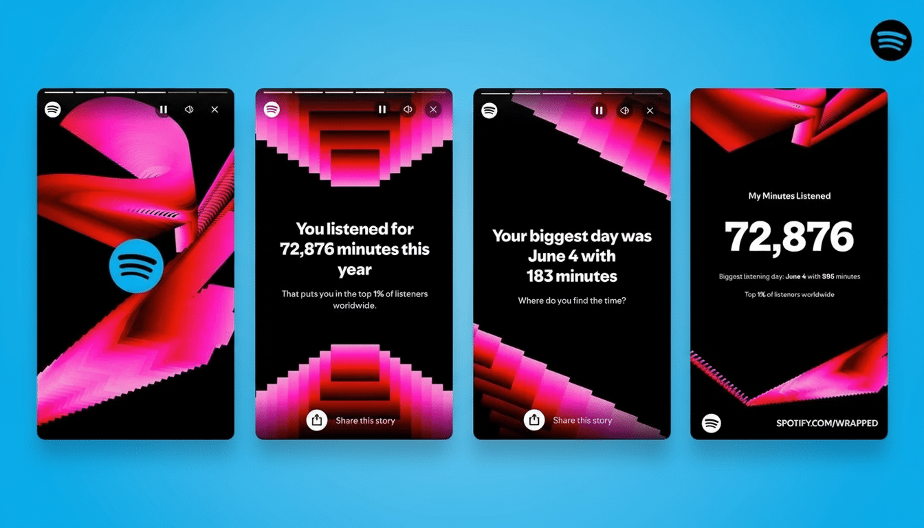 A 16:9 aspect ratio image showing four Spotify Wrapped story cards on a blue background. The cards display listening statistics with abstract pink and red graphics.